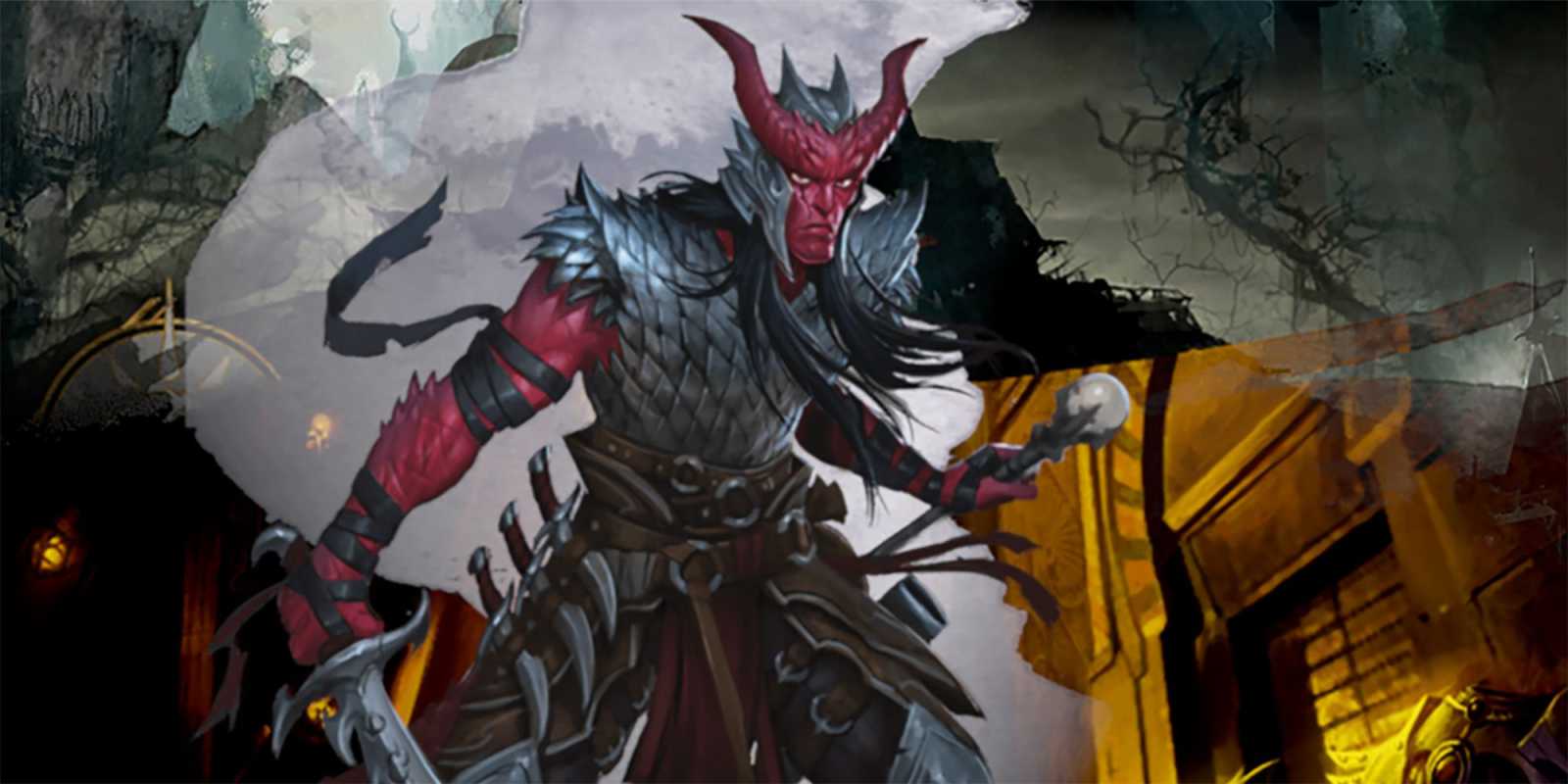 Un brujo Tiefling Hexblade sacando una espada en DnD