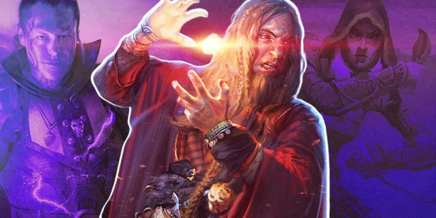 Hechicero de Dungeon and Dragons 5e superpuesto a un paladín y un personaje pícaro