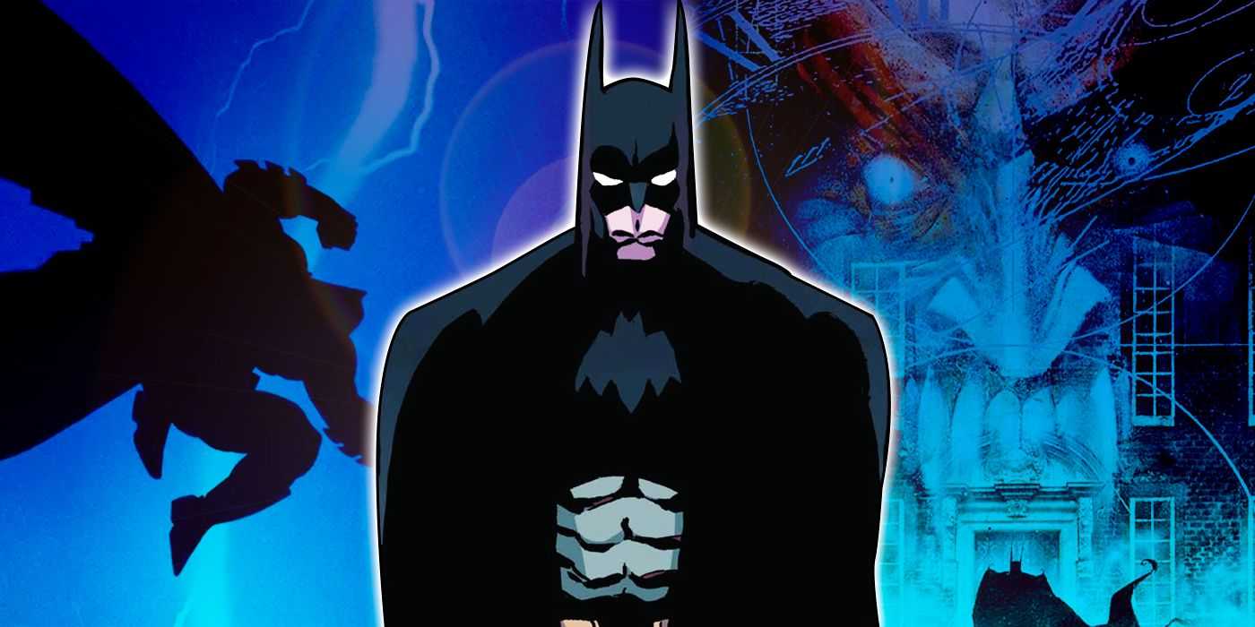 Koláž Batmana a komiksov z Dark Knight Returns a Arkham Asylum: A Serious House on Serious Earth