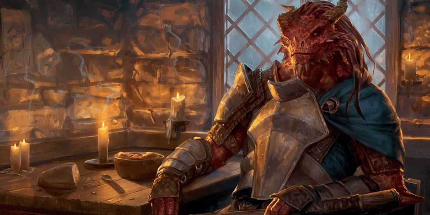 Dragonborn Paladin v DnD sediaci pri stole v krčme