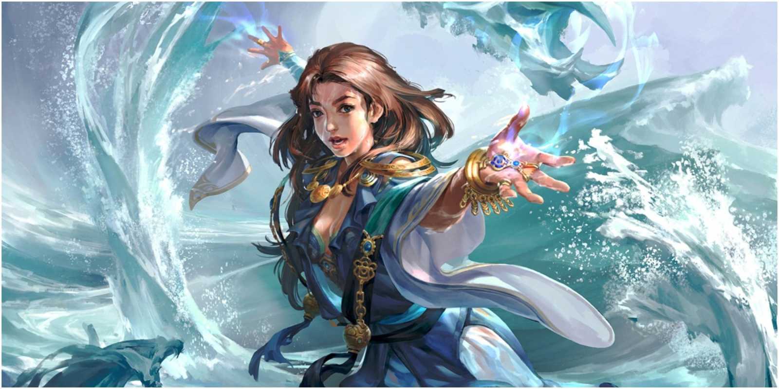 Druid vrhá kúzlo na báze vody v DnD.