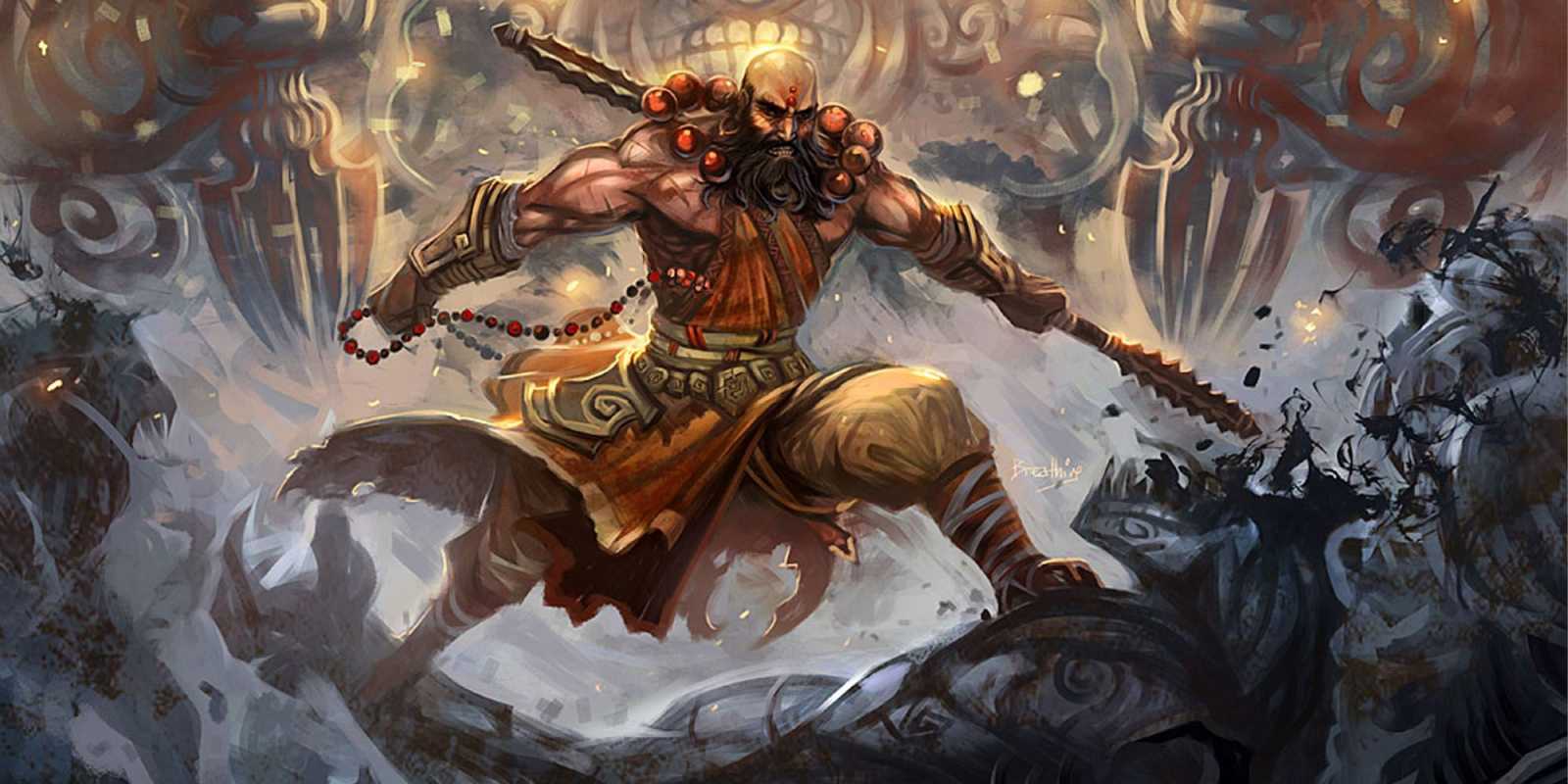 Holohlavý barbarský mních bojujúci s kopijou v DnD 5e