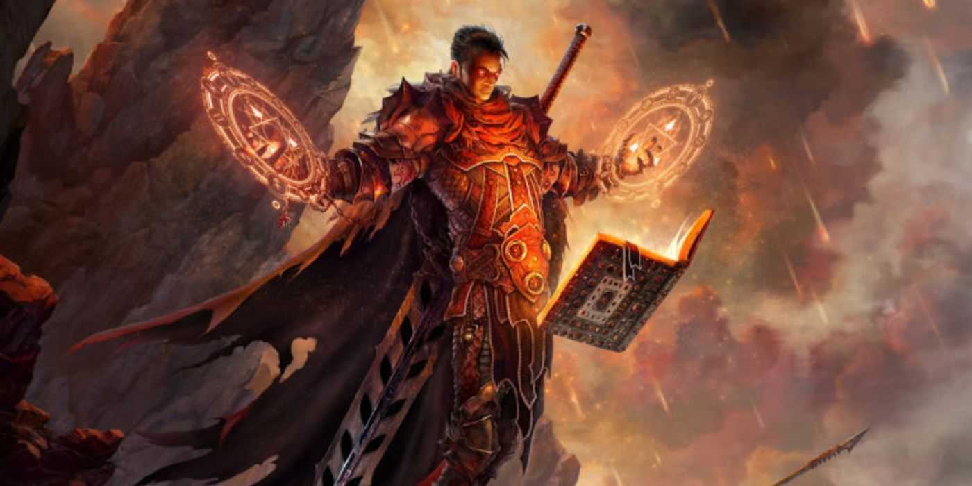 Un hechicero lanzando magia frente a un libro de hechizos volador en DnD
