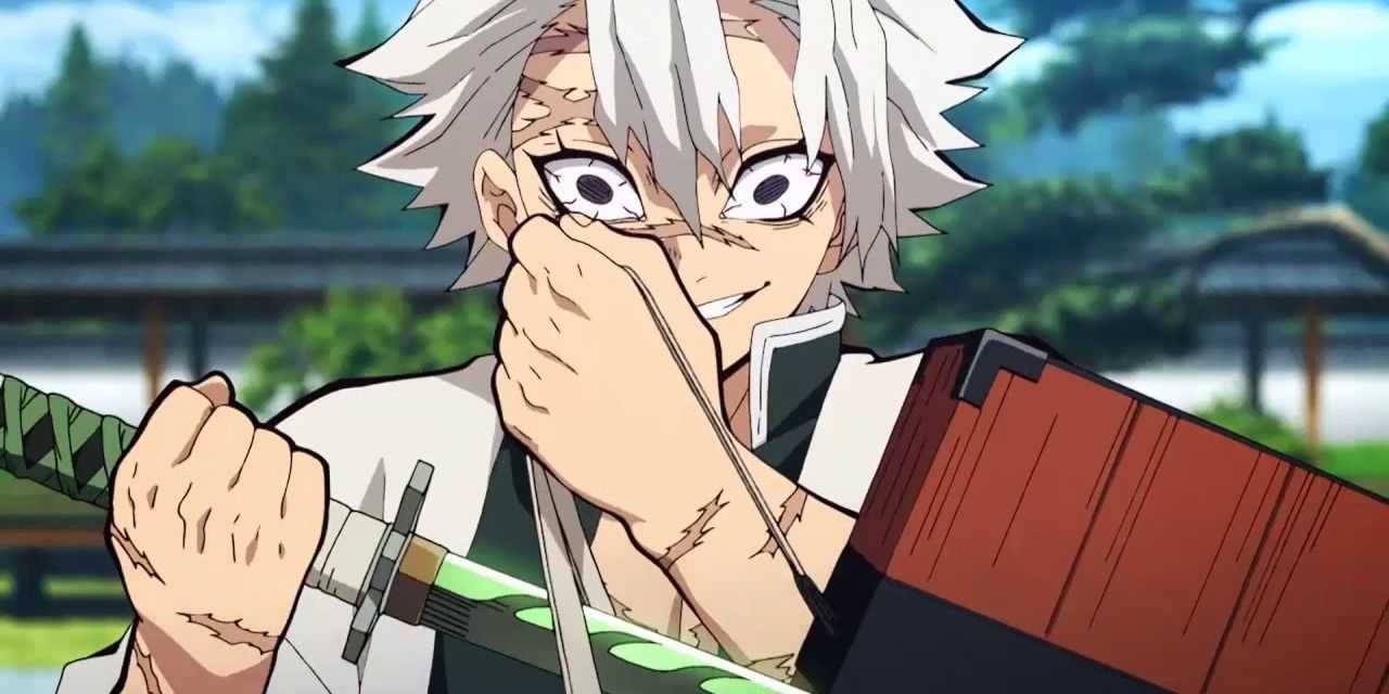 Sanemi sosteniendo su espada verde de Demon Slayer.