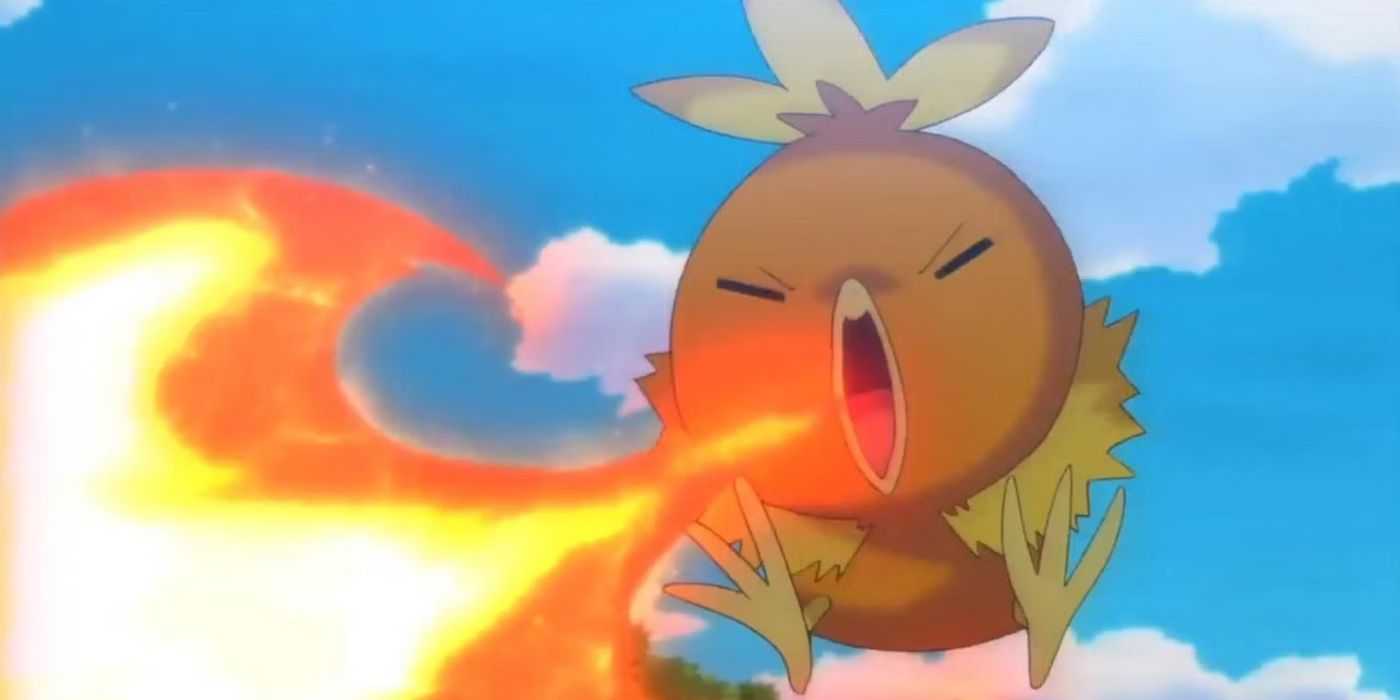 Torchic lanza fuego por la boca en Pokémon.