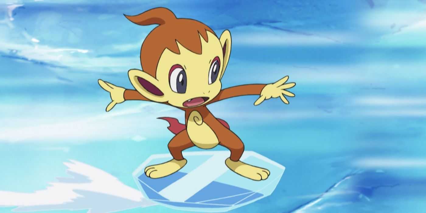 Chimchar patina sobre hielo durante la batalla de gimnasio en Pokémon.