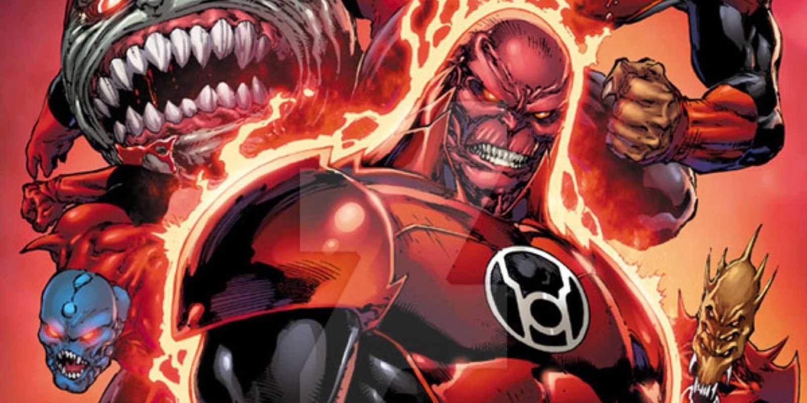 Un primer plano de Atrocitus con energía roja crepitando a su alrededor y su Red Lantern Corps en el fondo.