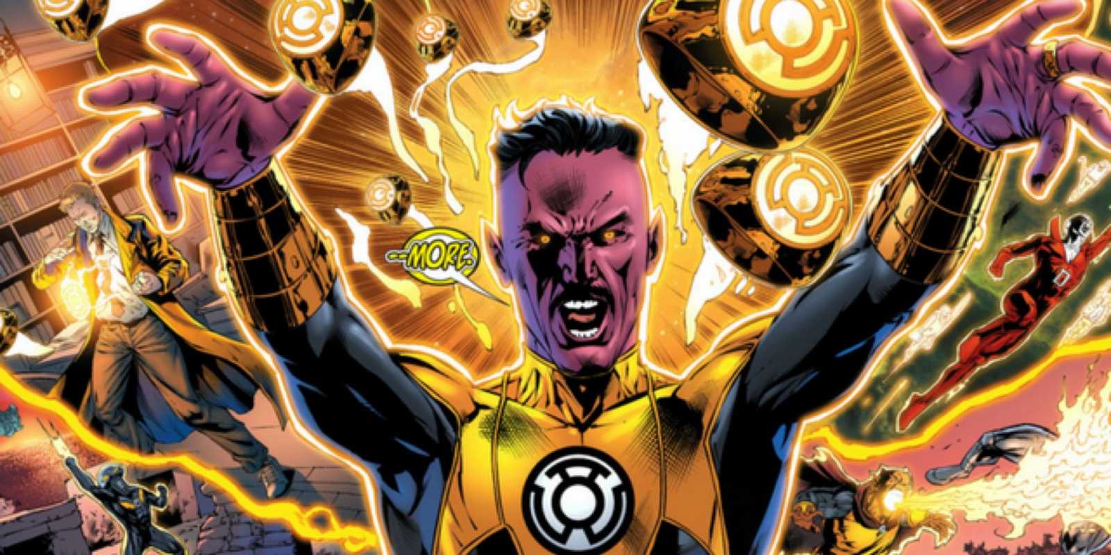 Un primer plano de Sinestro ordenando a su Sinestro Corp participar en la batalla.