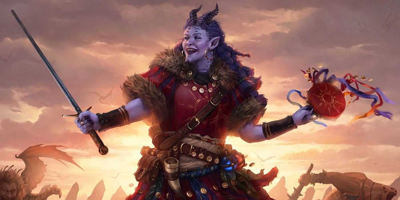 Un Tiefling Bard en DnD cargando en la batalla con un tambor