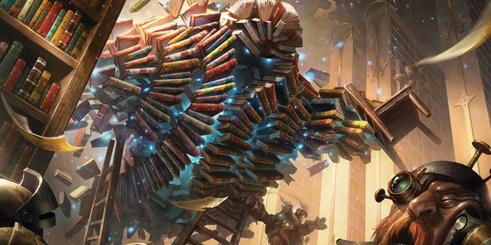 Arte de la tarjeta MTG Animate Library que muestra una criatura hecha de libros irrumpiendo en una biblioteca