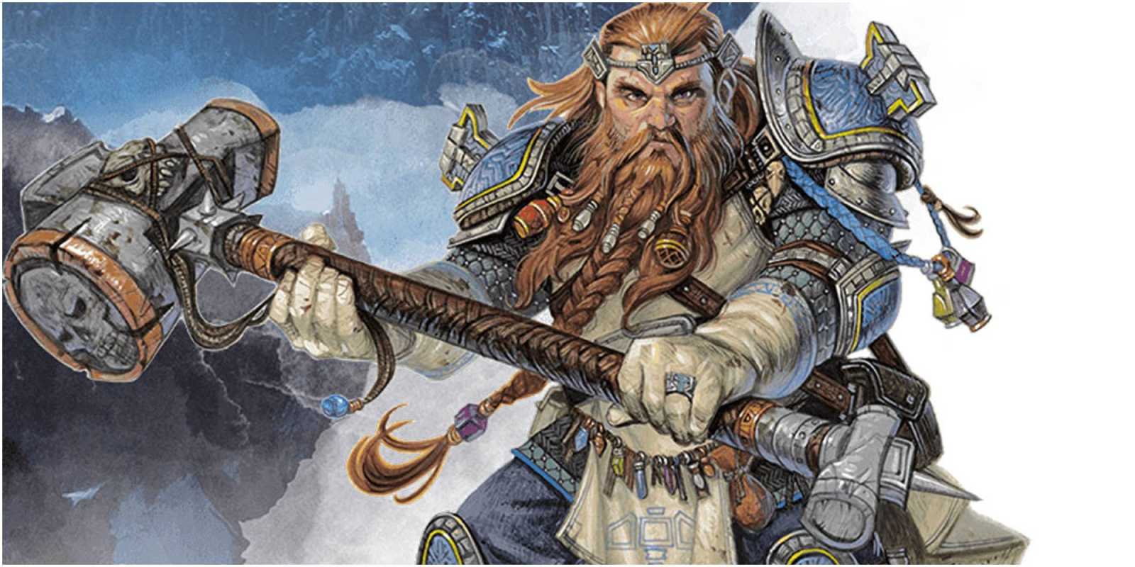 Un clérigo enano con armadura y un martillo de DnD