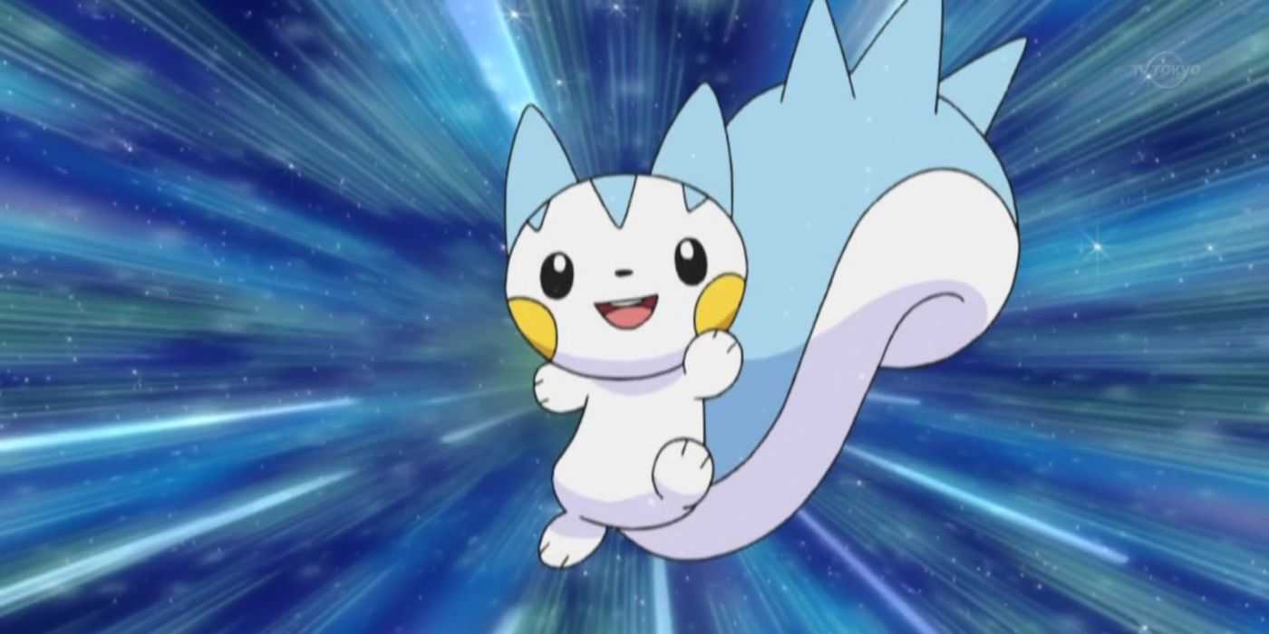 明るい青色の背景の前にポケモンのパチリス。