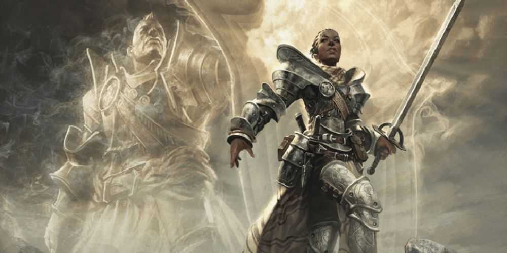 Un paladín empuñando una espada flanqueado por una aparición en DnD
