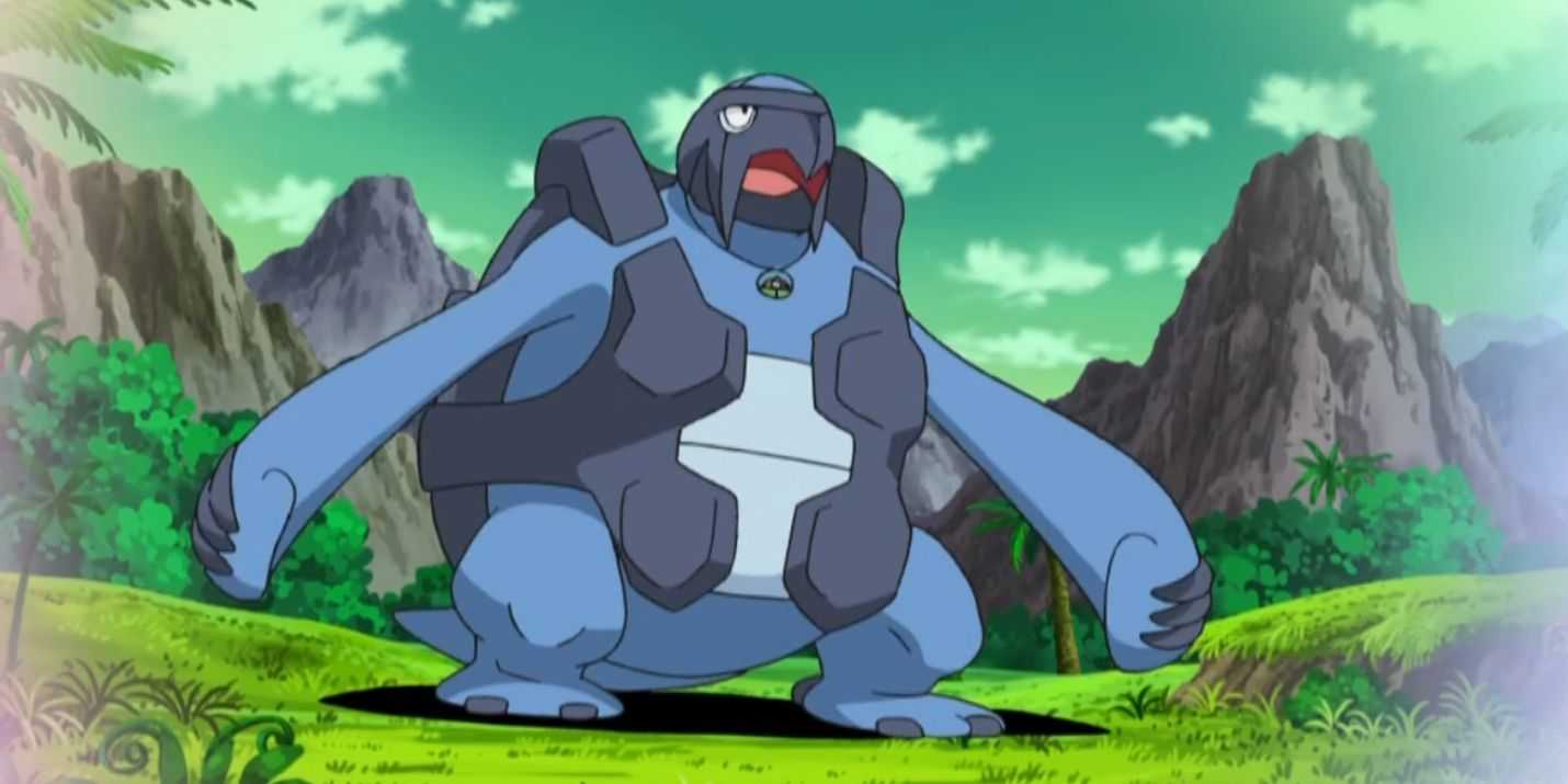 Pokémon animesinde tarih öncesi esintili bir ovada duran Carracosta.