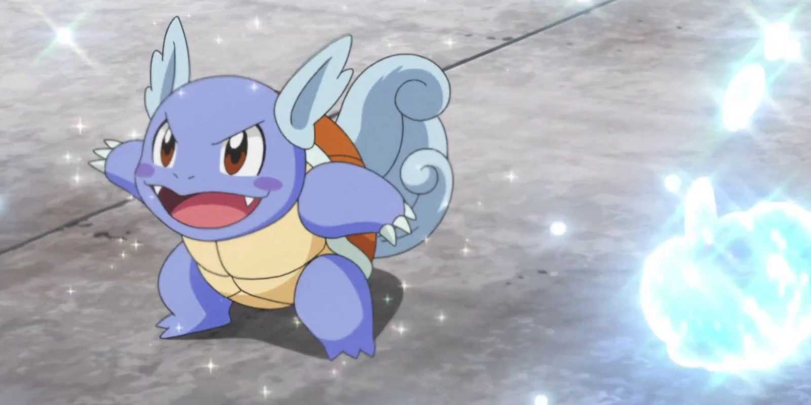 Pokémon animesinde Wartortle savaşa çağırılırken gülümsüyor.