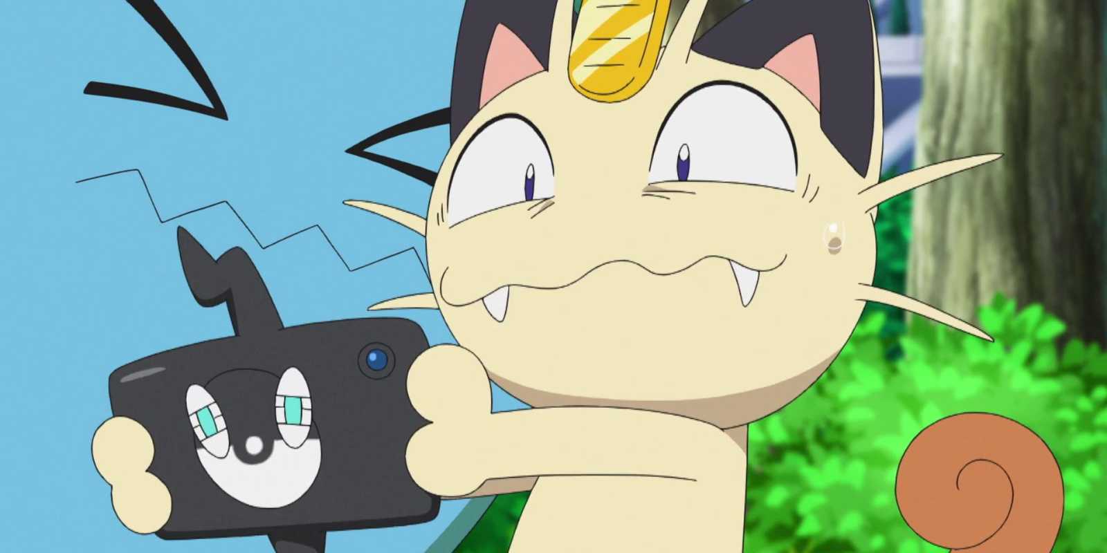 Мяут экспериментирует с Rotom Phone в аниме «Покемоны»