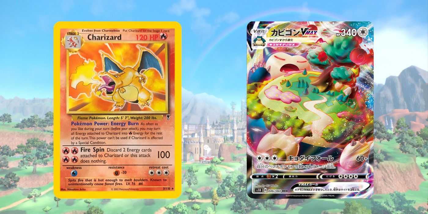 2 Pokémon-Sammelkartenspielkarten: Glurak aus dem Basisset und Relaxo-VMAX aus Schwert und Schild