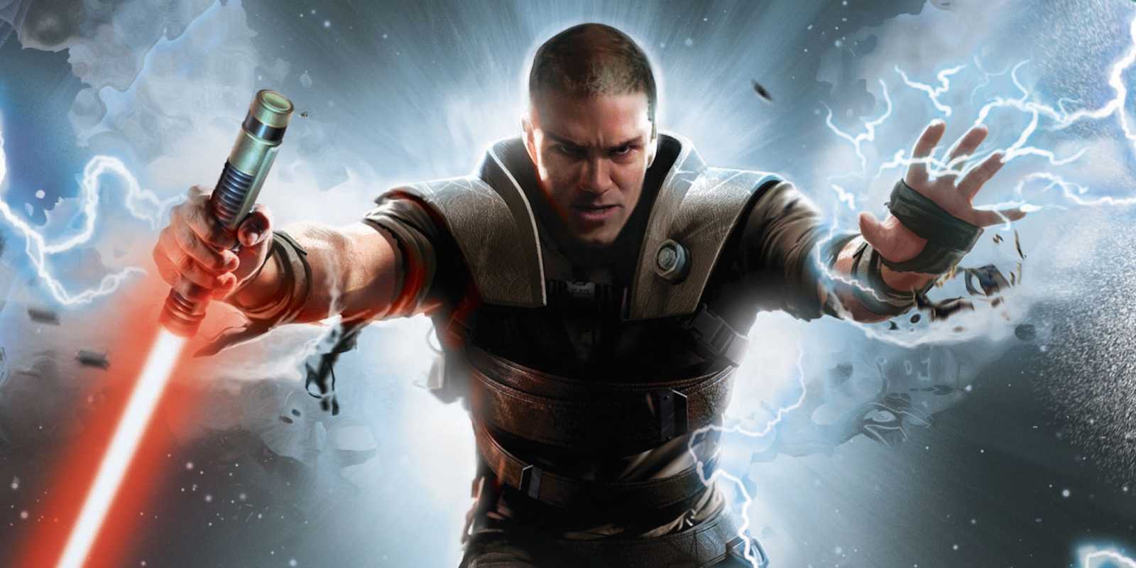 Starkiller sosteniendo un sable de luz rojo y usando la fuerza.