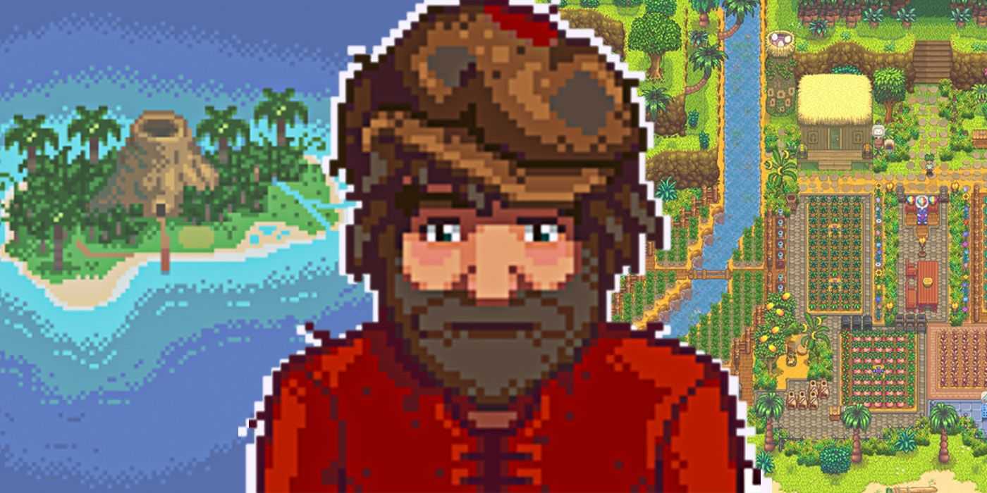 Willy de Stardew Valley sobre capturas de pantalla de Ginger Island y una granja