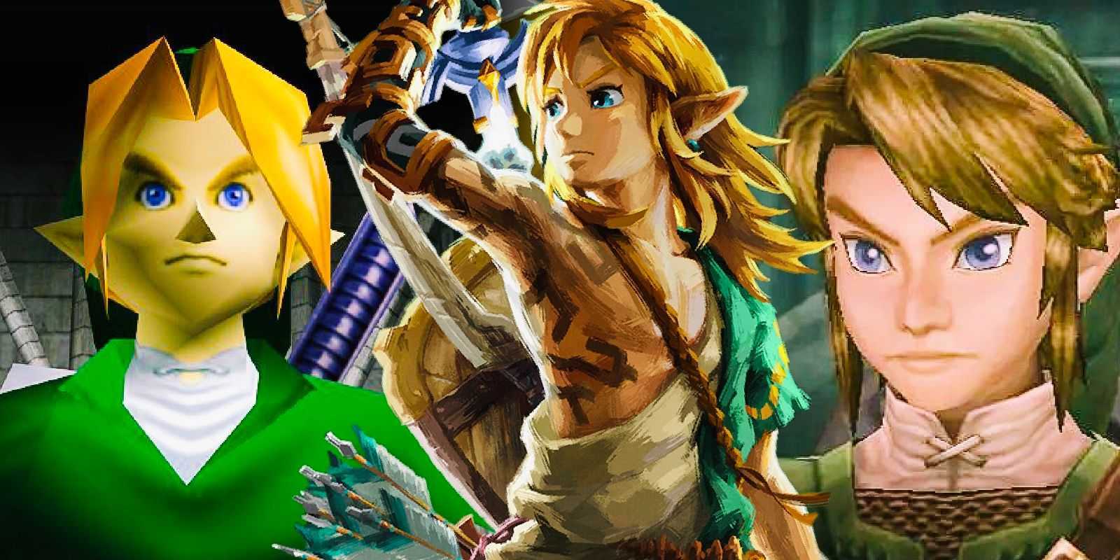 Link aus „The Legend of Zelda A Link to the Past“, „Ocarina of Time“, „The Wind Waker“ und „Tears of the Kingdom“.