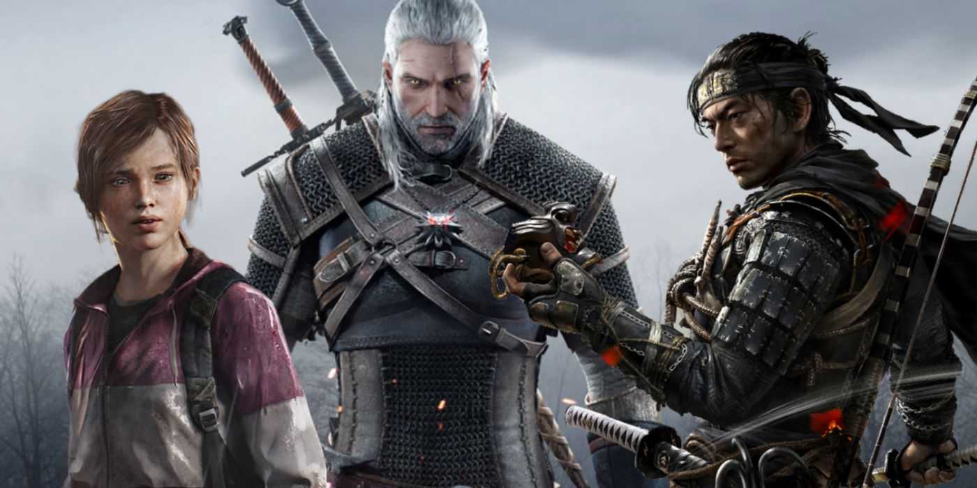 Collage von Ellie aus The Last of Us, Geralt aus The Witcher 3 und Ghost of Tsushima.