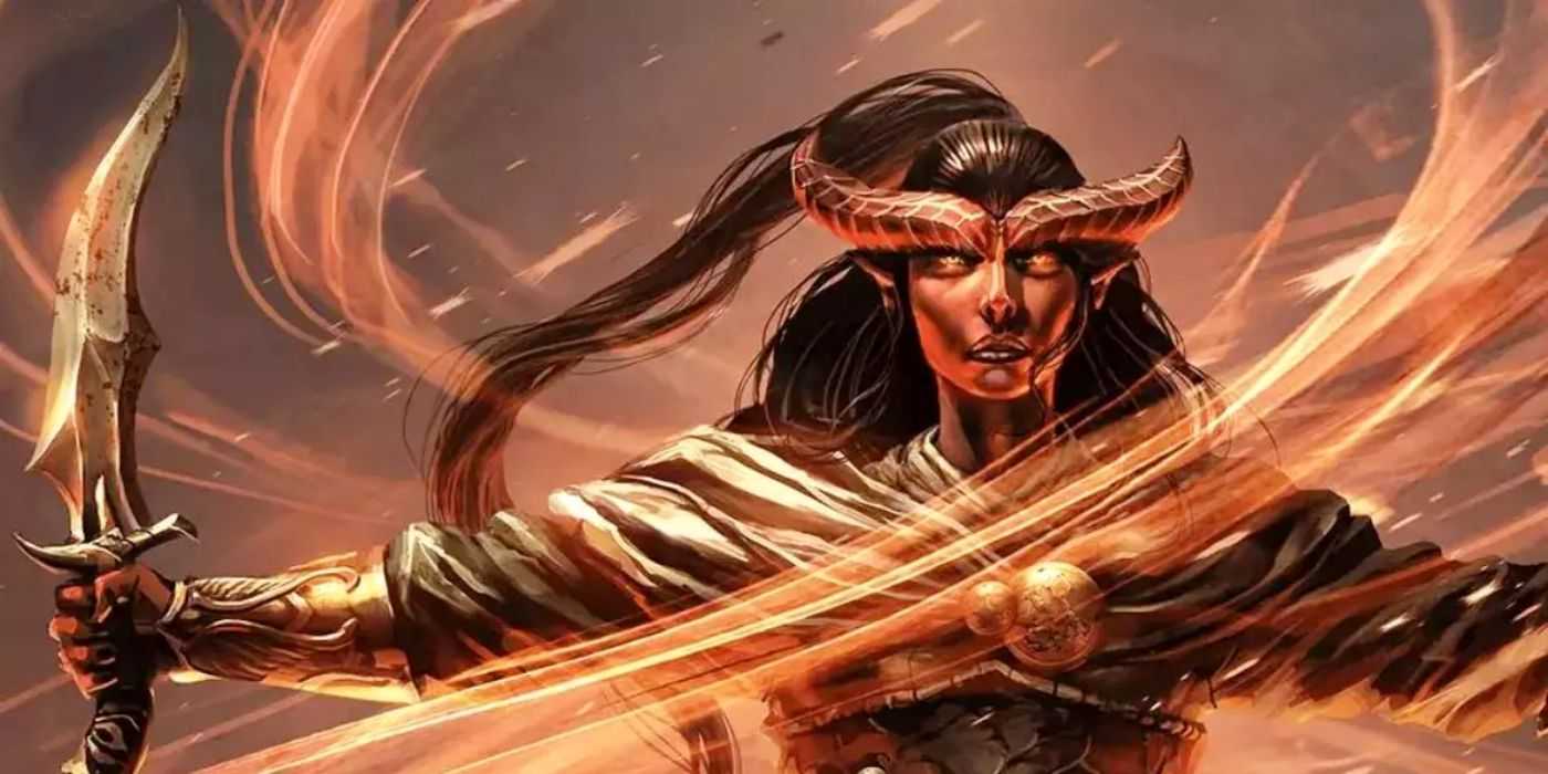 Un brujo tifling lanzando un hechizo en DnD 5e