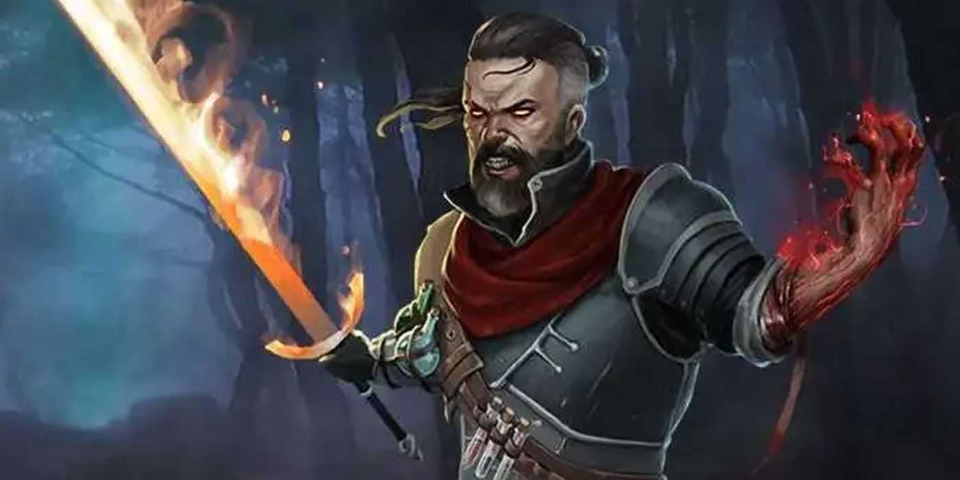 Un cazador de sangre empuñando una espada y una maldición de sangre en DnD 5e