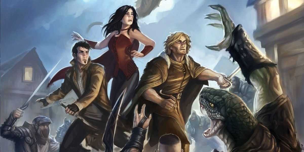 Un grupo de personajes de DnD que luchan contra enemigos reptiles.