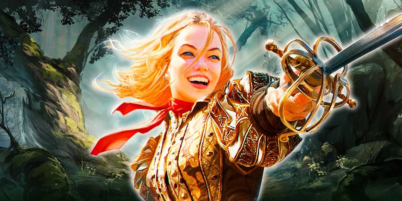 Ein verwegener Schurke, der in DnD 5e lächelnd sein Schwert ausstreckt
