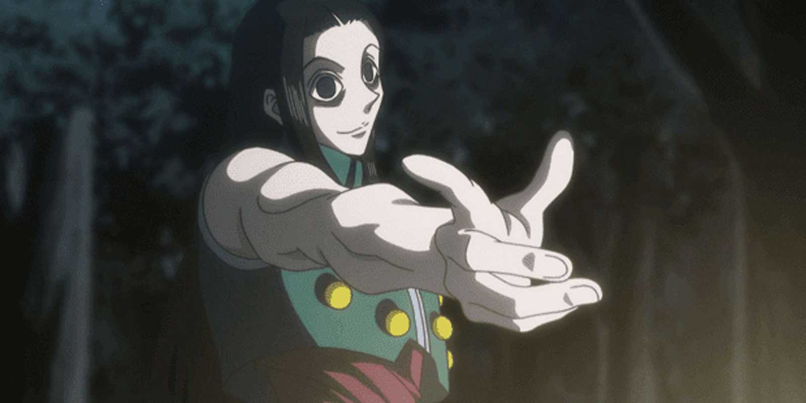 『Hunter x Hunter』で画面外の何かを身振りで示すイルミ・ゾルディック。