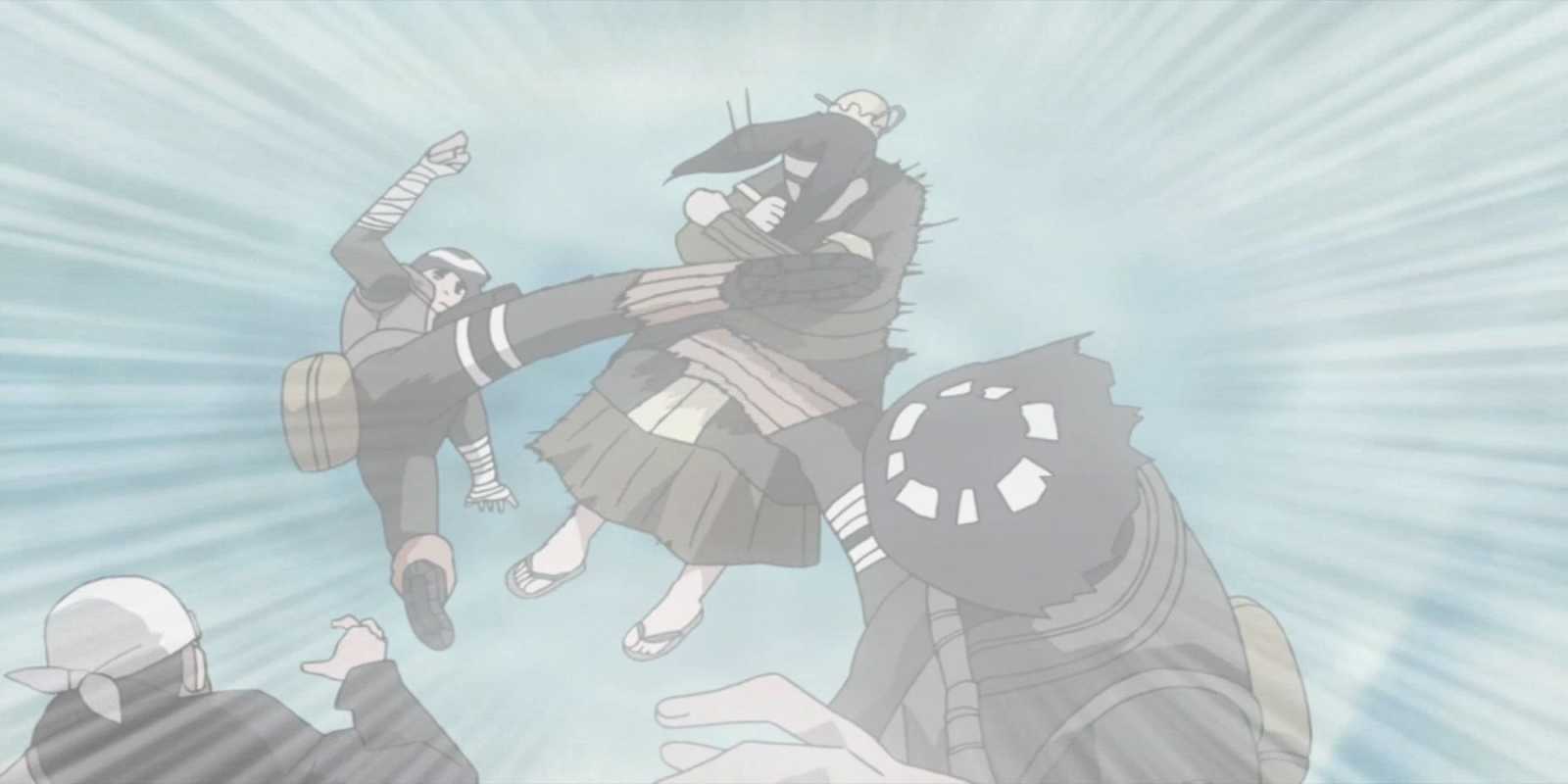 Rock Lee verwendet Leaf Whirlwind auf Haku in Naruto Shippuden.