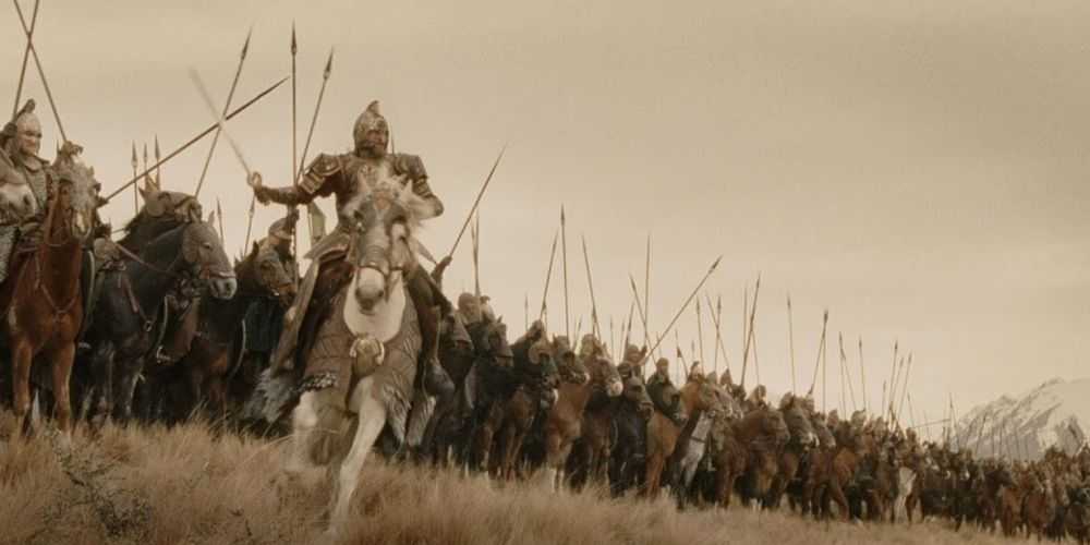 Theoden lidera a los Rohirrim en los campos de Pelennor en El Señor de los Anillos: El Retorno del Rey