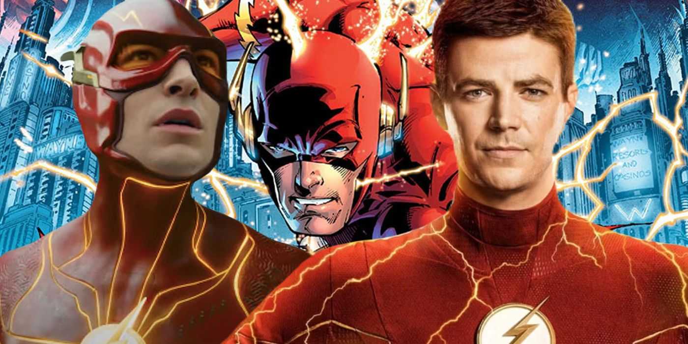 Imagen dividida: Ezra Miller en Flash (2023); Portada del cómic Flashpoint; Grant Gustin en El flash (2014)