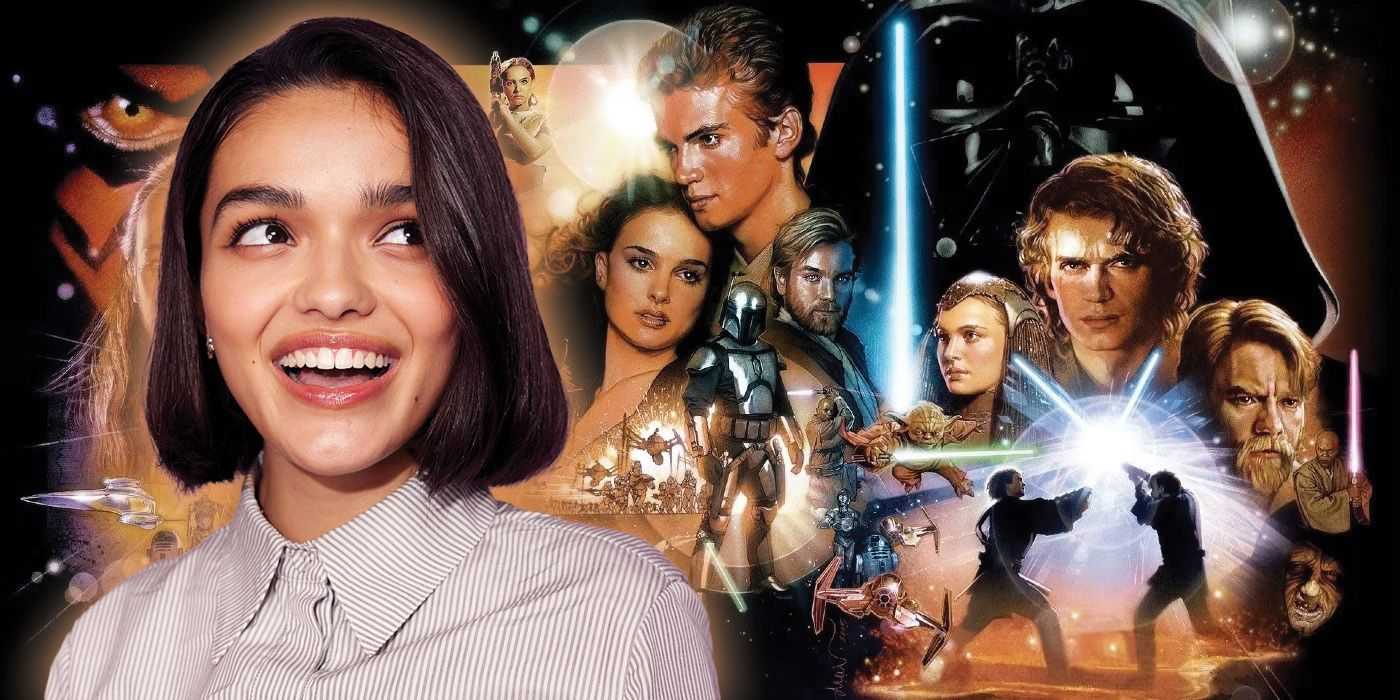 Ein zusammengesetztes Bild von Rachel Zegler lächelnd und dem Poster-Artwork der Star Wars-Prequel-Trilogie.