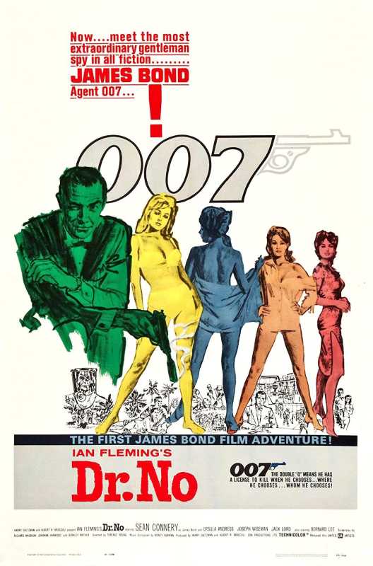 James Bond (Sean Connery) ilustrovaný v blízkosti Bond Girls na plagáte 007 Dr. No