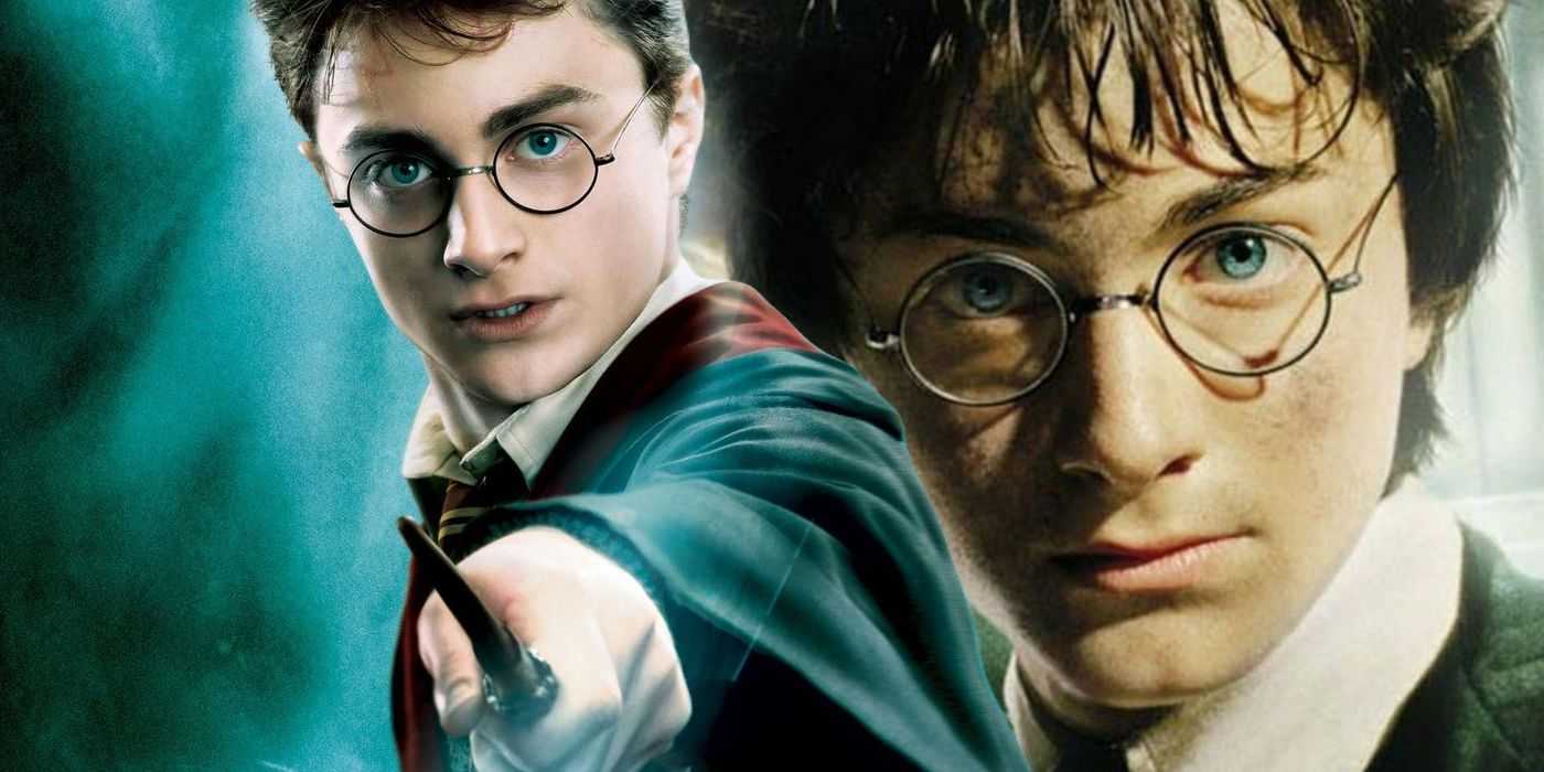 Разделенное изображение: Гарри Поттер (Дэниел Рэдклифф) направляет палочку; молодой Гарри в «Колдуне»
