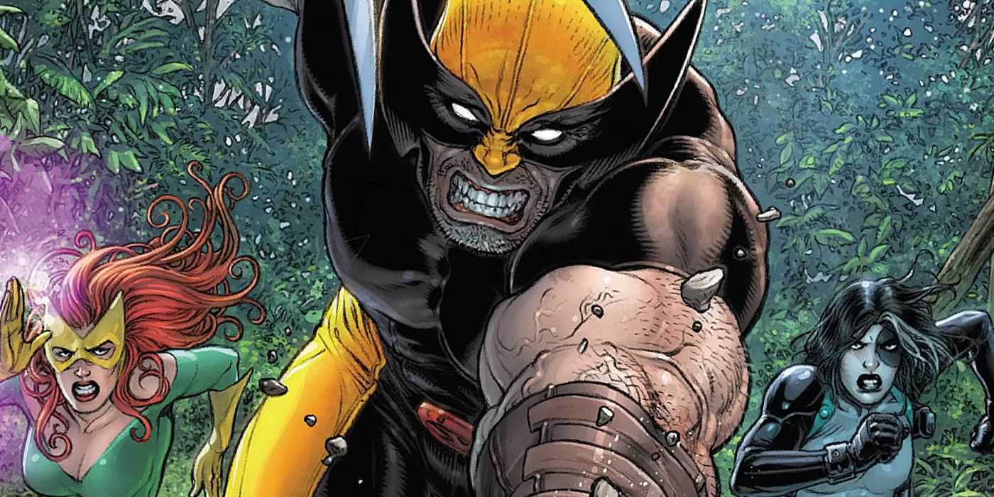 Marvel X-Force kapağında Wolverine, Jean Gray ve Domino ormanda koşarken görülüyor