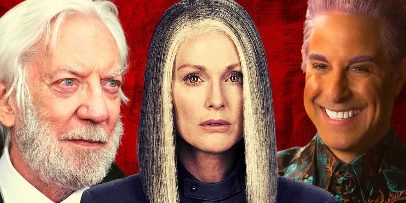 Collage del presidente Snow, Madame Coin y Caesar Flickerman en Los juegos del hambre