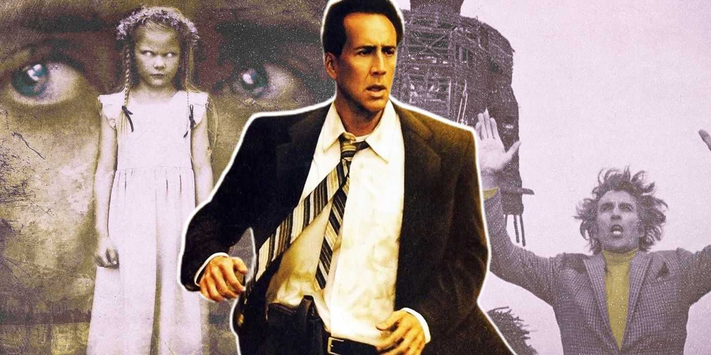 Nicolas Cage in „The Rock“ im Vordergrund vor einem Hintergrund mit anderen Rollen von Nicholas Cage