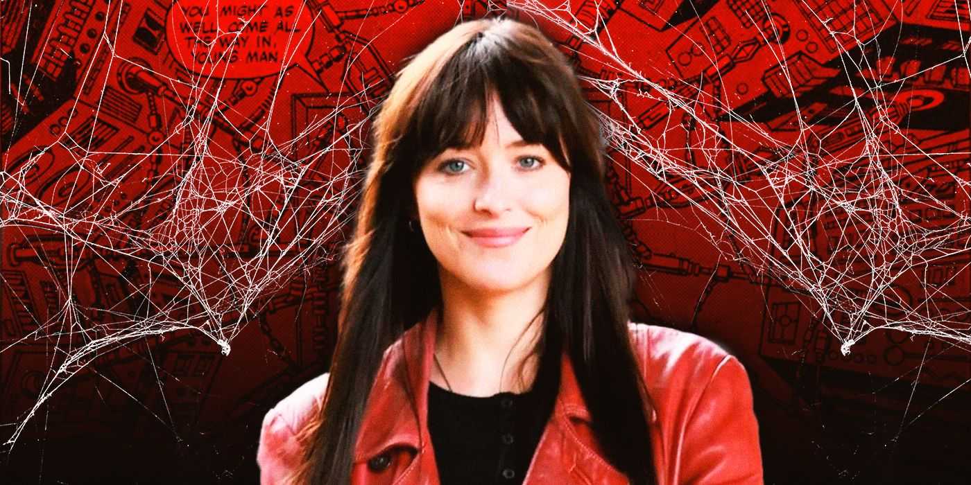Dakota Johnson vor rotem Hintergrund mit Spinnennetzen