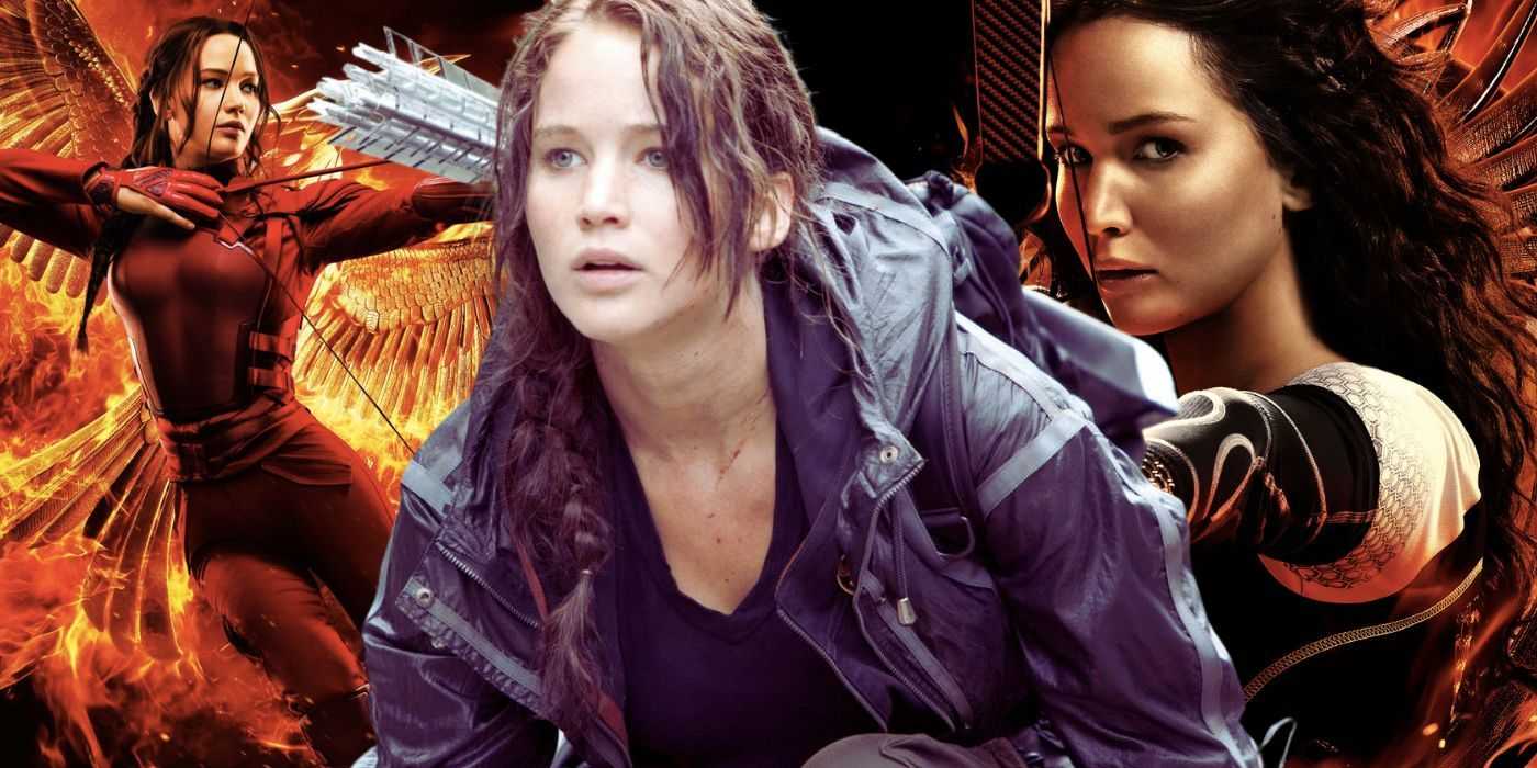 Collage de Katniss en Los juegos del hambre, En llamas y Sinsajo