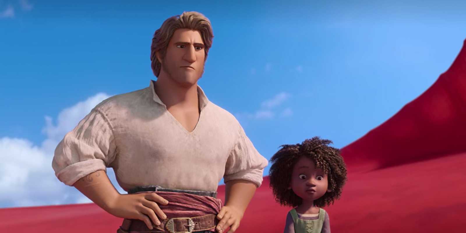『シー・ビースト』で青い空を背景に立つジェイコブとメイジー