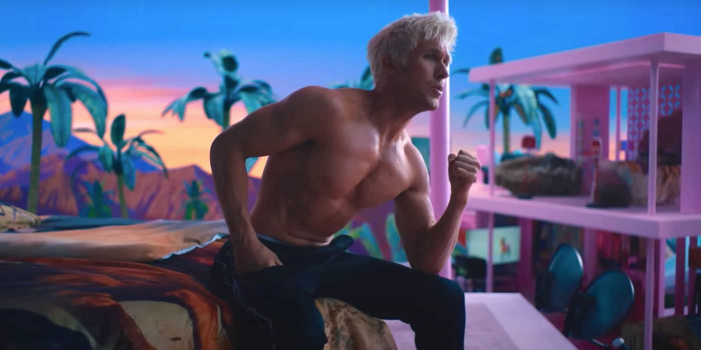 Ryan Gosling Barbie üstsüz yatakta oturuyor