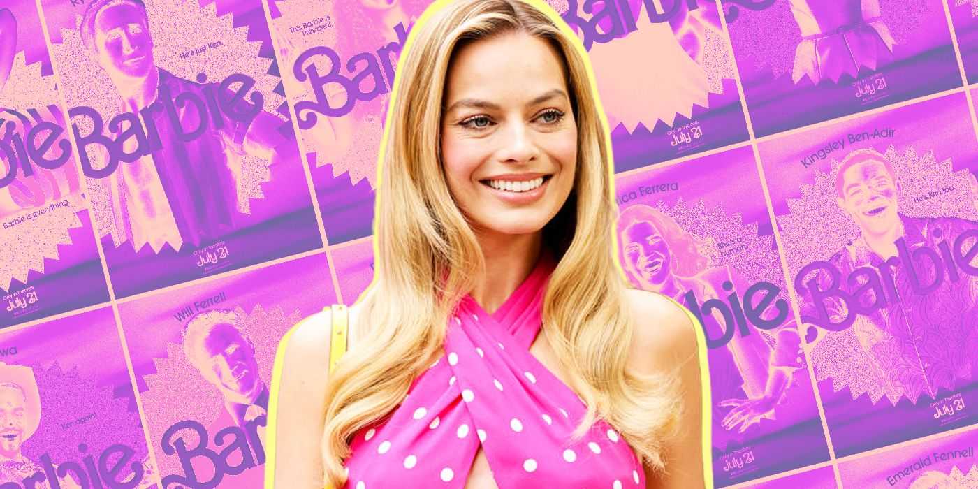 Pembe Barbie film posterlerinin arka planında Barbie rolünde Margot Robbie