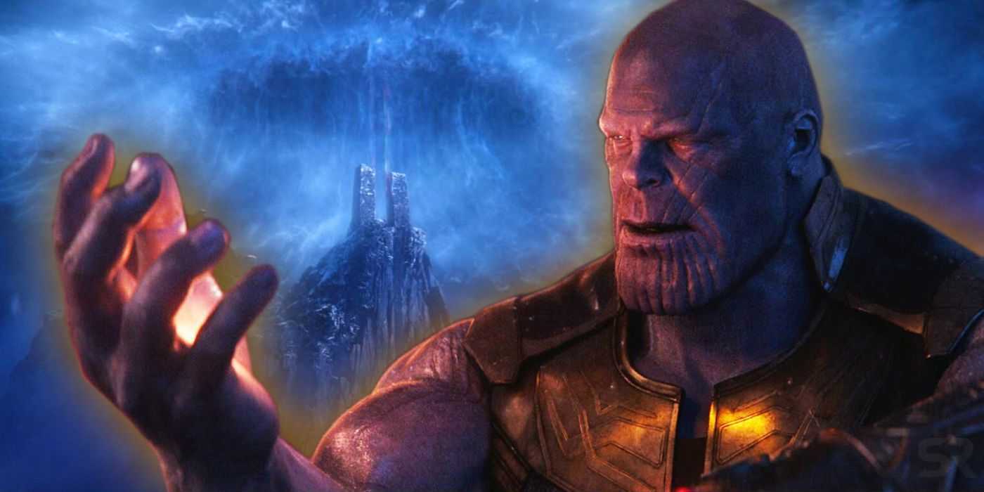 Thanos mit dem Seelenstein über dem Vormir-Turm