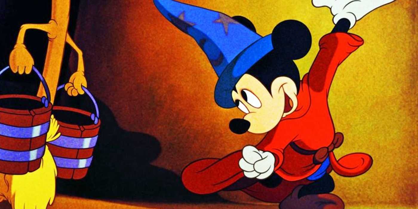 ミッキーマウスが魔法をかけて、ほうきにバケツを持たせます。