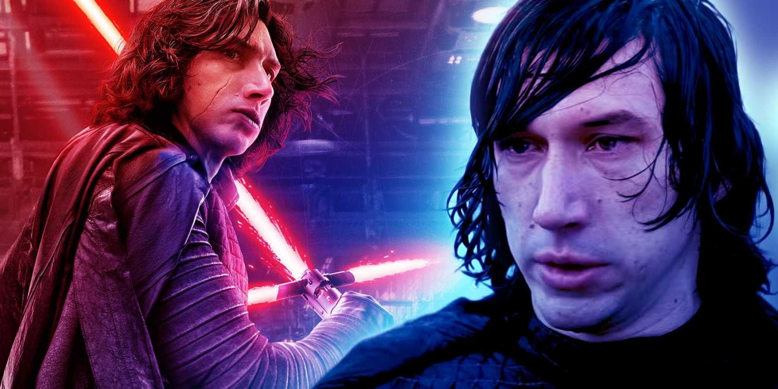 Ein geteiltes Bild Kylo Ren (Adam Driver) mit seinem Lichtschwert und im Regen stehend