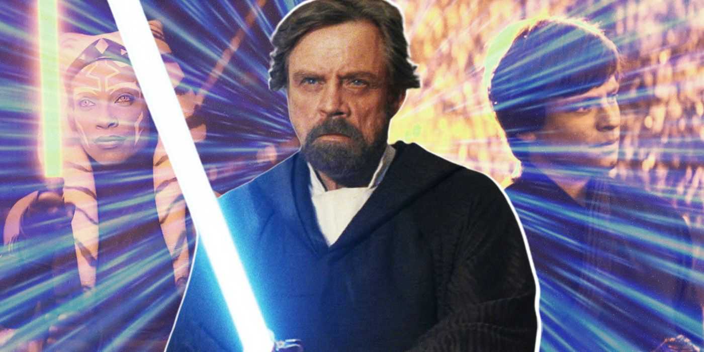 Aufgeteilt: Luke Skywalker (Mark Hamill) mit Lichtschwert, Ahsoka Tano (Rosario Dawson) und Young Luke