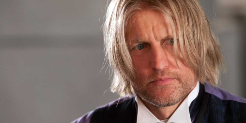 Haymitch Abernathy vyzerá pochmúrne vo filme The Hunger Games: Catching Fire.