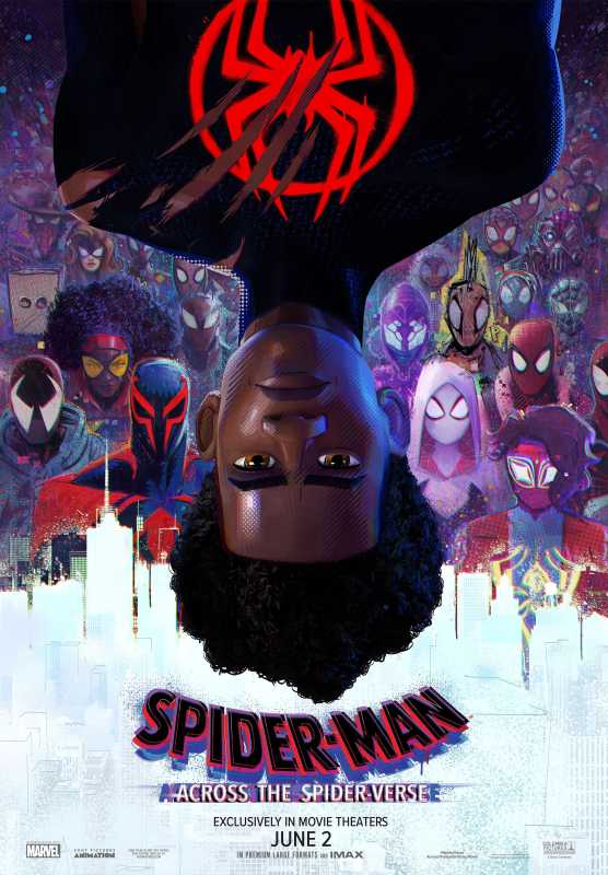 Miles colgado boca abajo con un disfraz rayado con todos los Spidermen en Spider-Man Across the Spider-Verse Póster